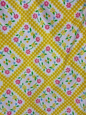 1970s Sears Abigails Garden Twin Bed Flat Sheet and Pillowcase Yellow Checks